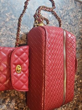 Red Quilted Crossbody Shoulder Bag with Gold Chain